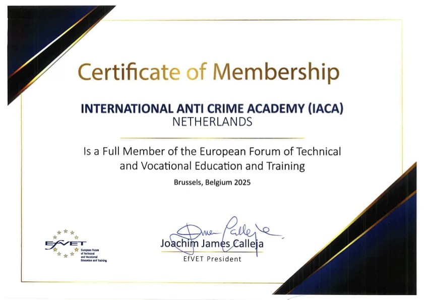 EfVET membership certificate of the International Anti Crime Academy