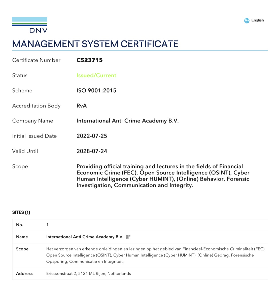ISO 9001:2015 certificate issued by DNV to the International Anti Crime Academy, certificate number C523715